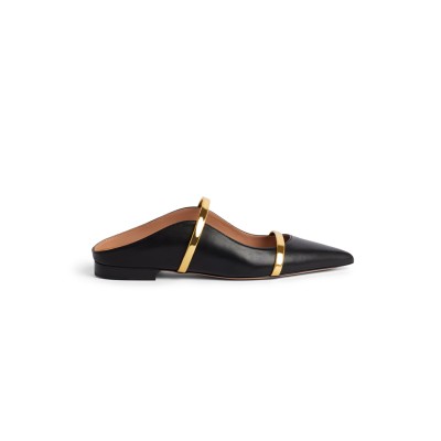 MALONE SOULIERS MAUREEN BLACK & GOLD LEATHER FLAT MULES MAUREENFLAT29BLK
